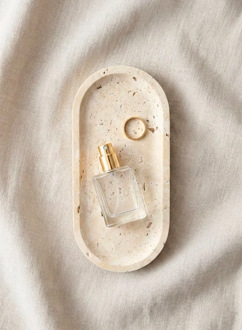 1 تشيس صينية بيضاوية من الرخام الطبيعي بلون بيج، صينية زينة حجرية للمجوهرات والعطور ومستحضرات التجميل، صينية طاولة قهوة مزخرفة ومنظم للحمام